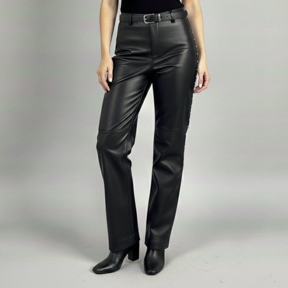 Vintage Black Leather Lined Lower Rise Straight Leg Pants w/ Rhinestone Trim - 8